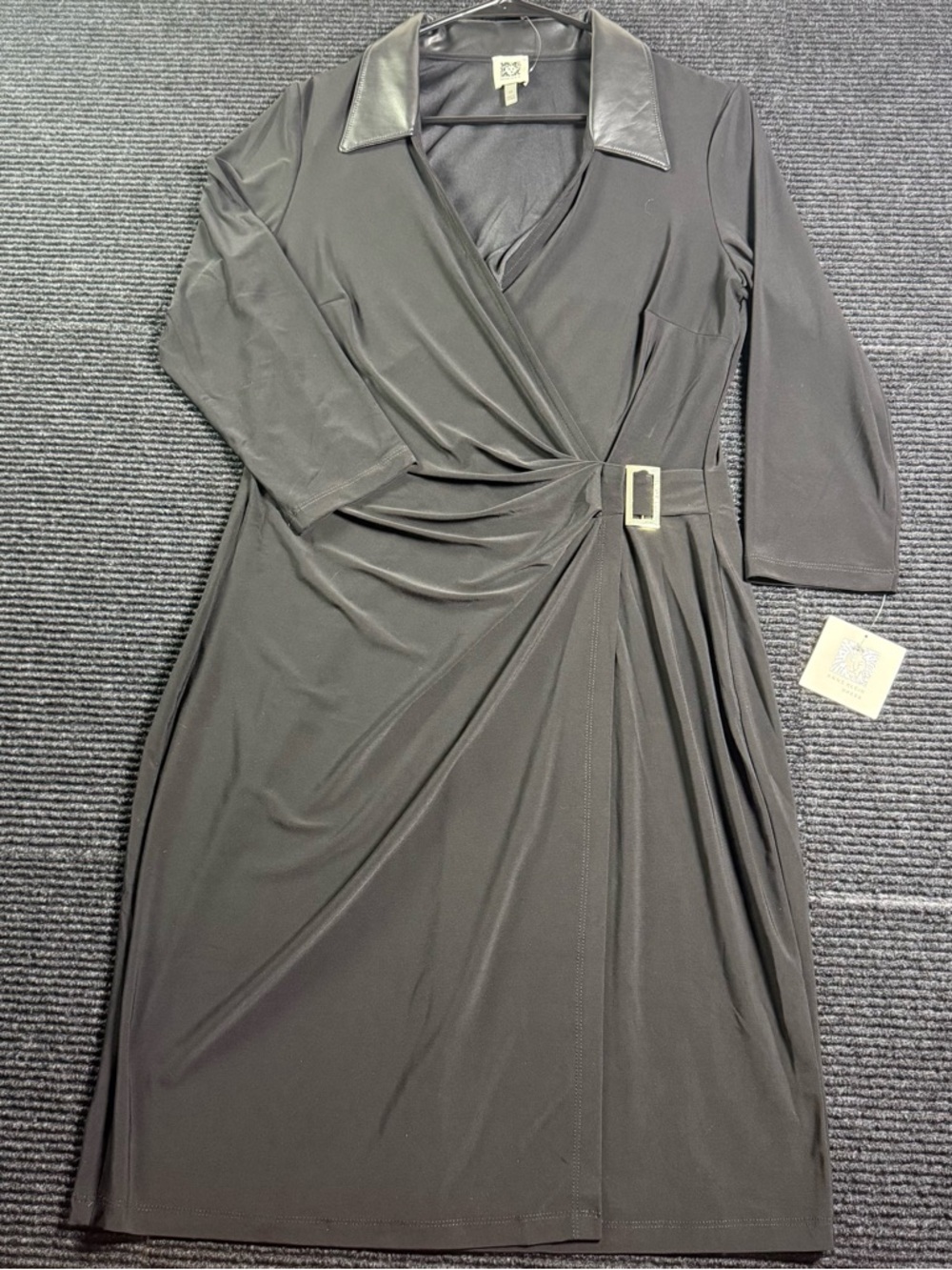 Anne Klein Women’s 12 Black Faux Wrap Dress V NeckCollar Gold Buckle New/Tags